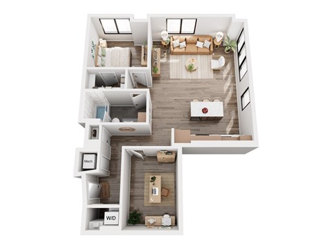 Floor plan for 1 bed, 1 bath, 953 sqft